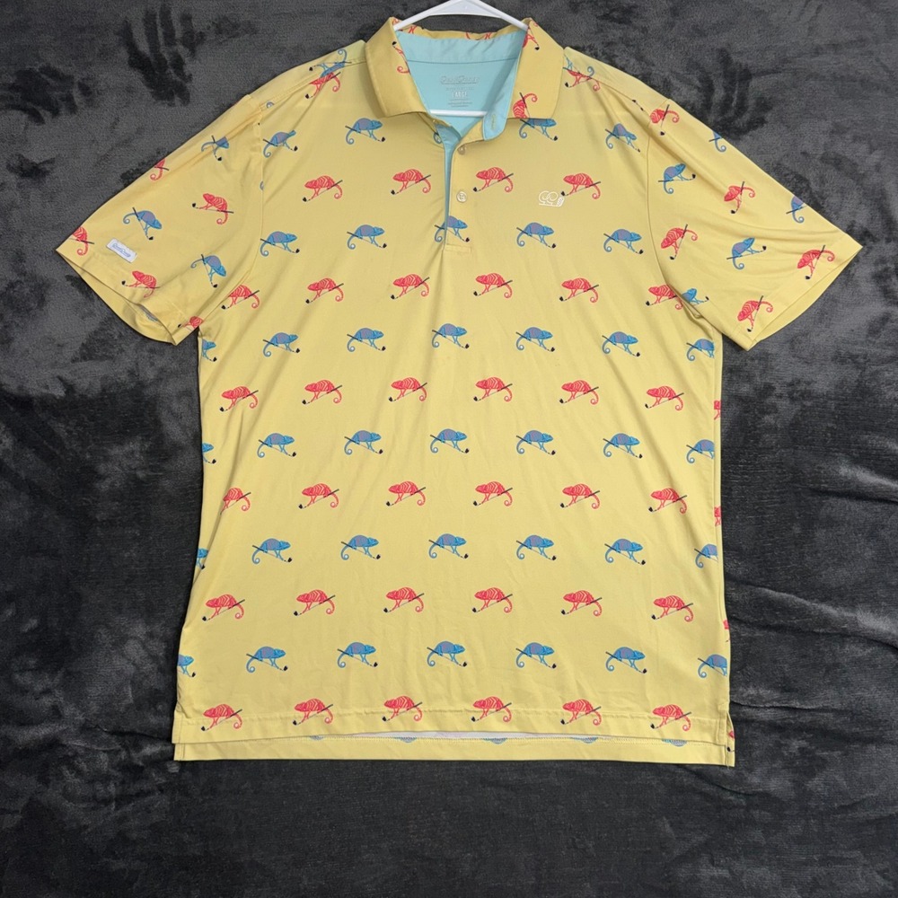 Men's Large Good Good Performance Golf Polo Shirt Yellow Chameleon Print
